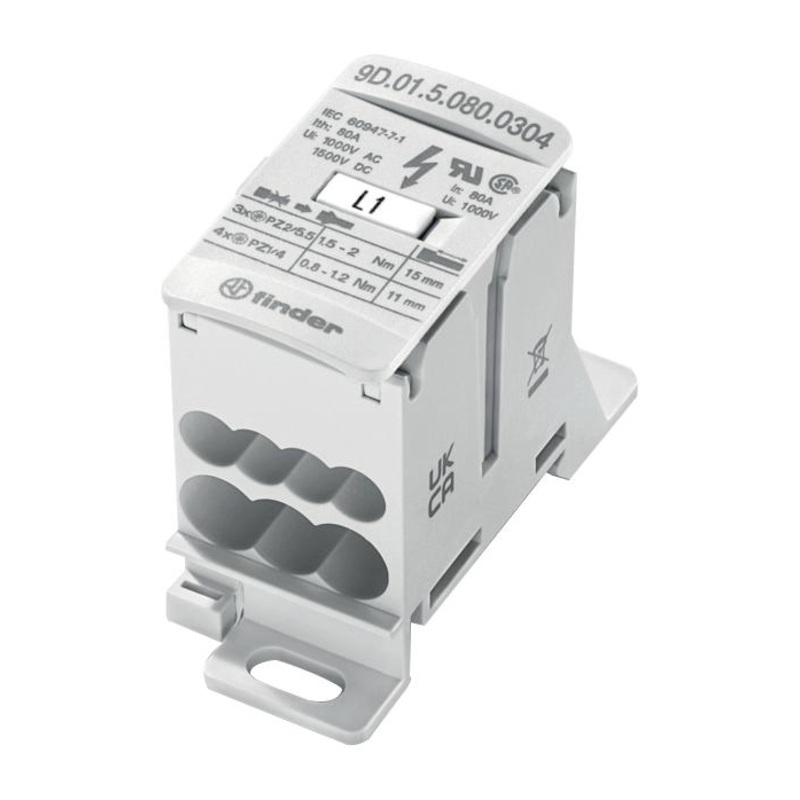 FINDER 9D.01.5.080.0304 Panel Mount Barrier Terminal Block, 80 A, 1.5 kV, 3, Screw, 6 AWG