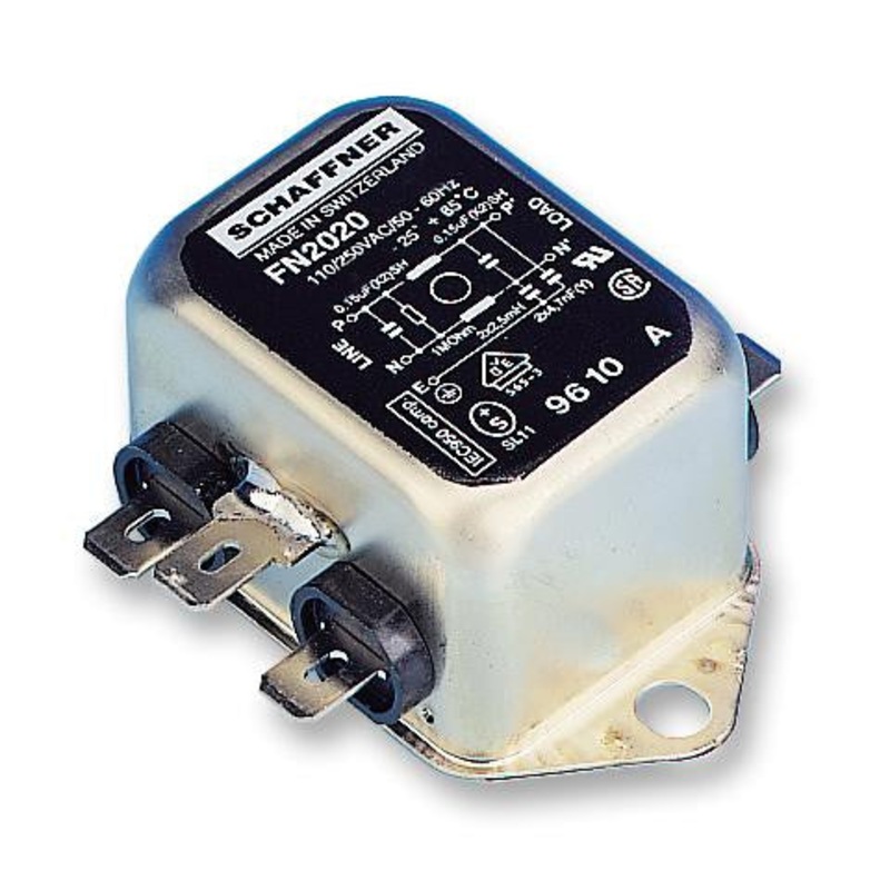 SCHAFFNER FN2020-10-06 Power Line Filter, Chassis, 0.15 F, 250 VAC, 10 A, General Purpose, Quick Connect, 800 H