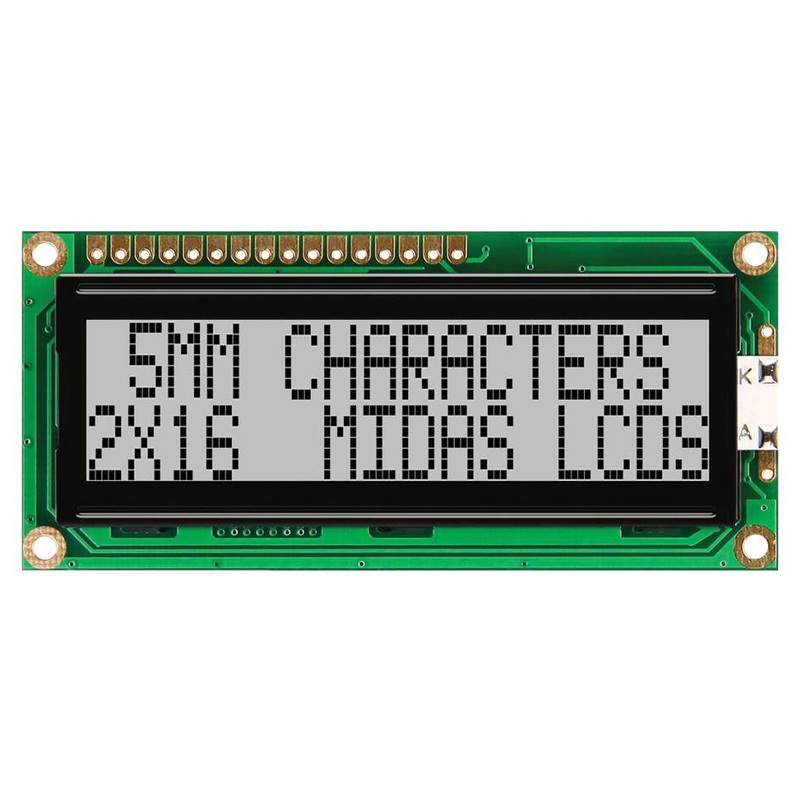 MIDAS MC21605G6W-GPR-V2 Alphanumeric LCD, 16 x 2, Black on Grey, 5V, Parallel, English, Japanese, Reflective