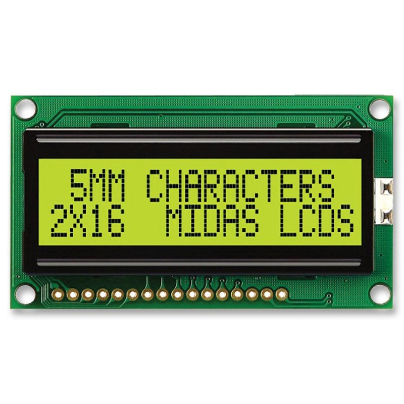 MIDAS MC21605H6WK-SPTLY-V2 Alphanumeric LCD, 16 x 2, Black on Yellow / Green, 5V, Parallel, English, Euro, Transflective