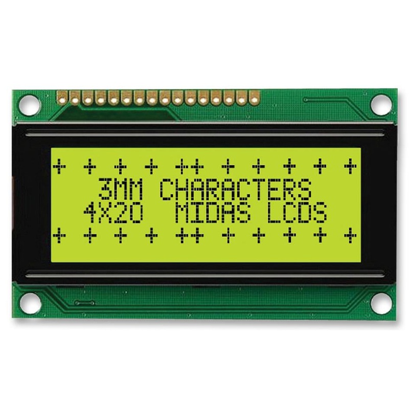 MIDAS MC42004A6W-SPR-V2 Alphanumeric LCD, 20 x 4, Black on Yellow / Green, 5V, Parallel, English, Japanese, Reflective