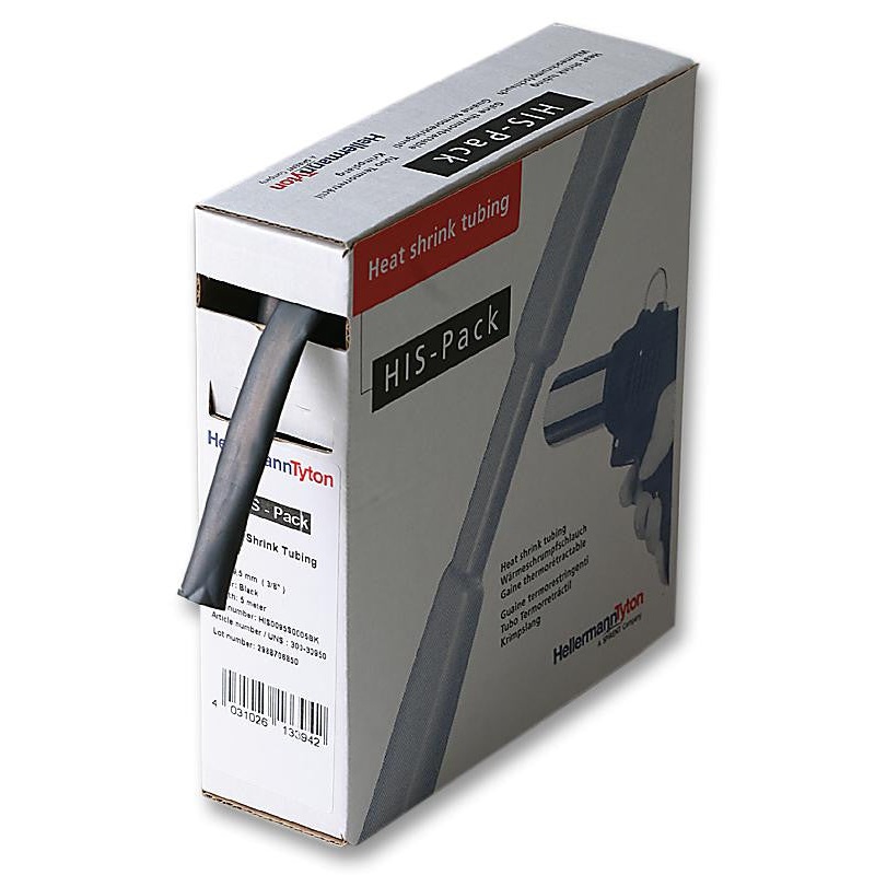 HELLERMANNTYTON 300-30950 Heat Shrink Tubing, HIS-PACK Dispenser, 9.5 mm, 0.374 , 2:1, Black, 16.4 ft, 5 m