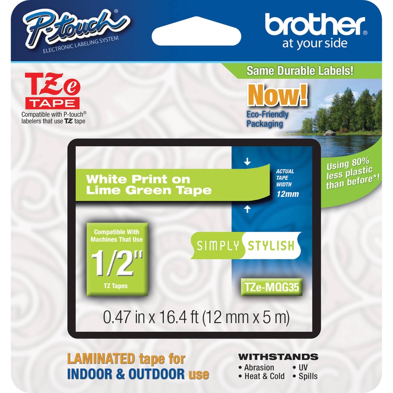 Brother TZeMQG35 Laminated Tape for P-Touch Labelers (White on Lime Green, 0.5 x 16.4′)