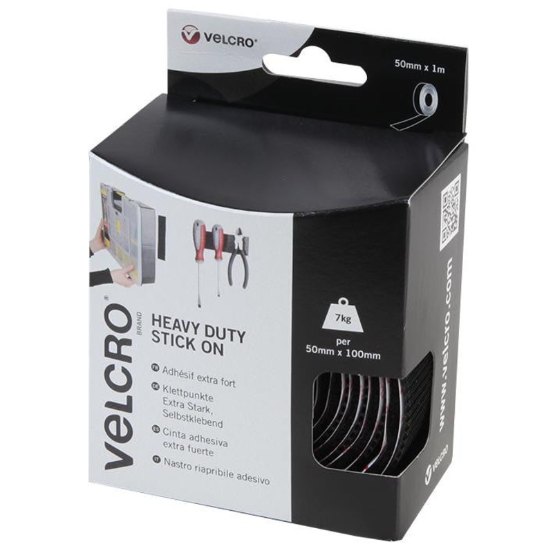 VELCRO COMPANIES 60241 Black Heavy Duty Stick On Hook and Loop Adhesive Tape – 50mm x 1m