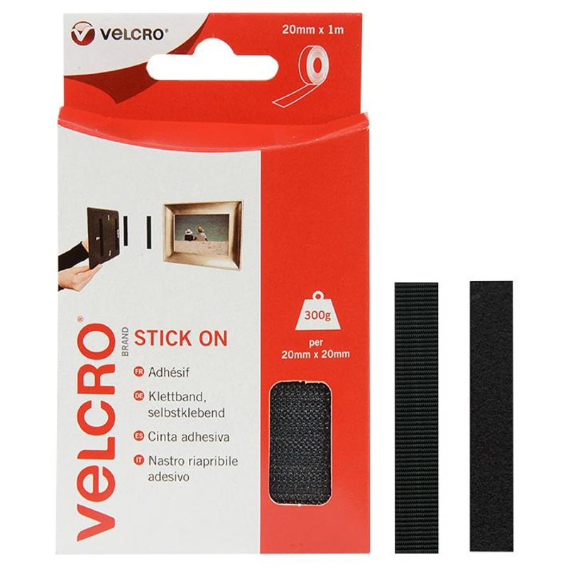 VELCRO VEL-EC60211 Black Stick On Hook & Loop Adhesive Tape – 20mm x 1m