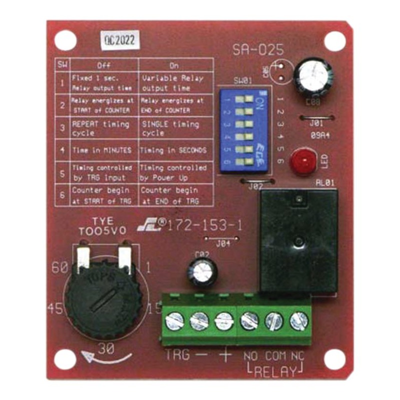 SECO-LARM SA-025Q Timer Module Time RANGE: 1 TO 60 SEC RELAY: Form C Contact RATING: 8 A AT 120 VAC/8 24 VDC VOLTAGE: 12/24 CURRENT: