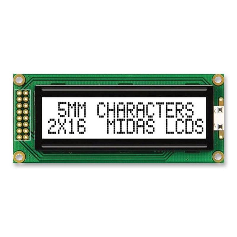 Midas Displays MC21605B6WK-FPTLW-V2 MC21605B6WK-FPTLW-V2 Alphanumeric LCD 16 x 2 Black on White 5V English Euro Japanese Transflective