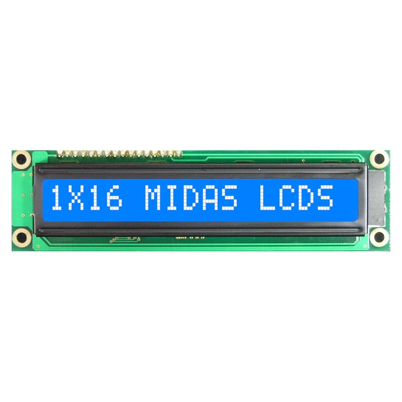 Midas MC11608A6W1-BNMLW Alphanumeric LCD 16 x 1 White on Blue 5V Parallel English Euro Transmissive