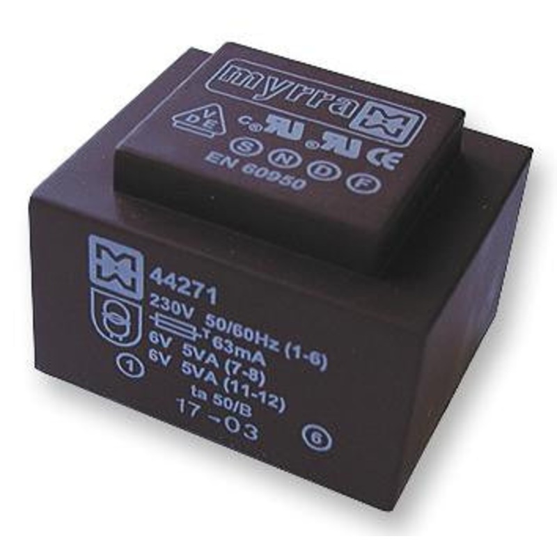 MYRRA 44276 Isolation Transformer, EI 48 x 16.8, 10 VA, 1 x 230V, 2 x 24V, 208 mA, PCB MOUNTED 44xxx Series