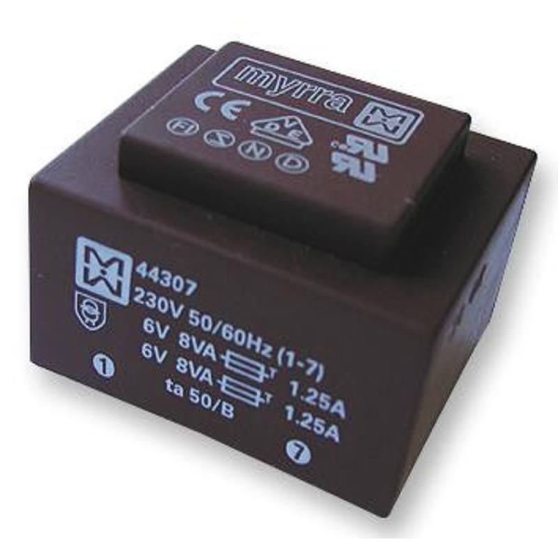 MYRRA 44305 Isolation Transformer, EI 54 x 18.8, 16 VA, 1 x 230V, 18V, PCB MOUNTED 44xxx Series