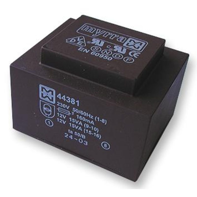 MYRRA 44381 Isolation Transformer, EI 66 x 23, 30 VA, 2 x 12V, 1 x 230V, PCB MOUNTED 44xxx Series
