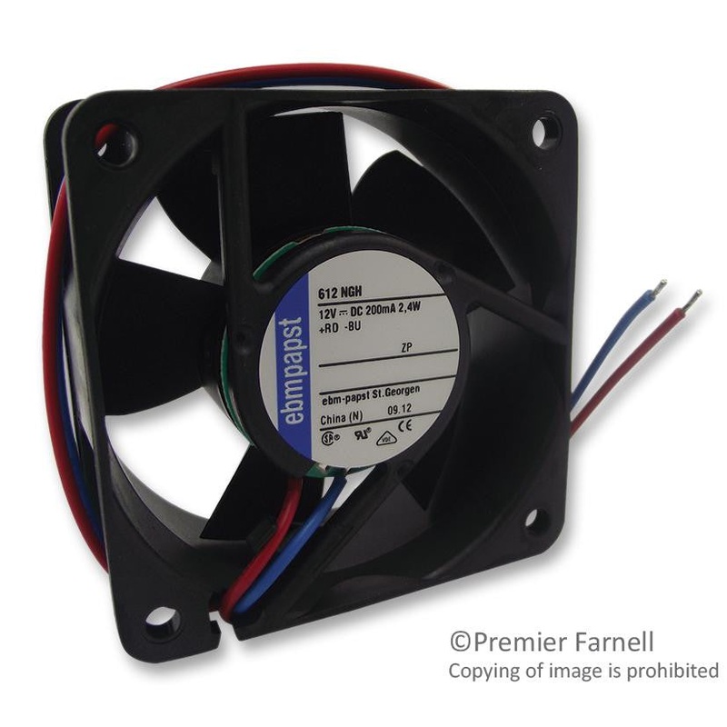 EBM-PAPST 612NGH Axial Fan, 600NG Series, 12 V, DC, 60 mm, 25 mm, 38 dBA, 27.1 cu.ft/min