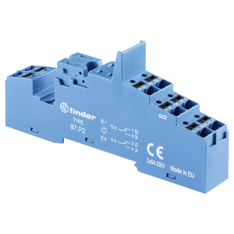 FINDER 97P2SPA Relay Socket, DIN Rail, Panel, Quick Connect, 8 Pins, 97 Series