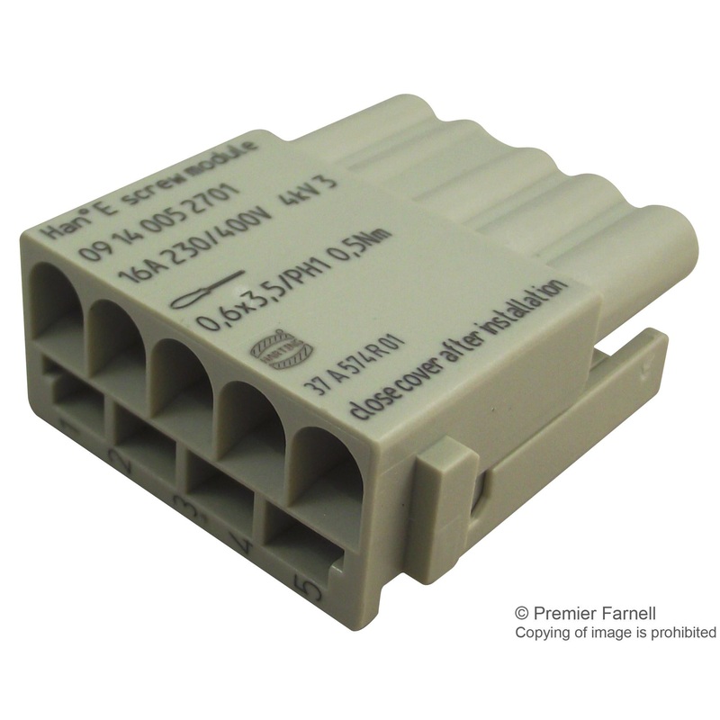 HARTING 09 14 005 2701 Heavy Duty Connector Insert, Han-Modular E Series, Receptacle, 5 Contacts, Screw Socket, 16 A