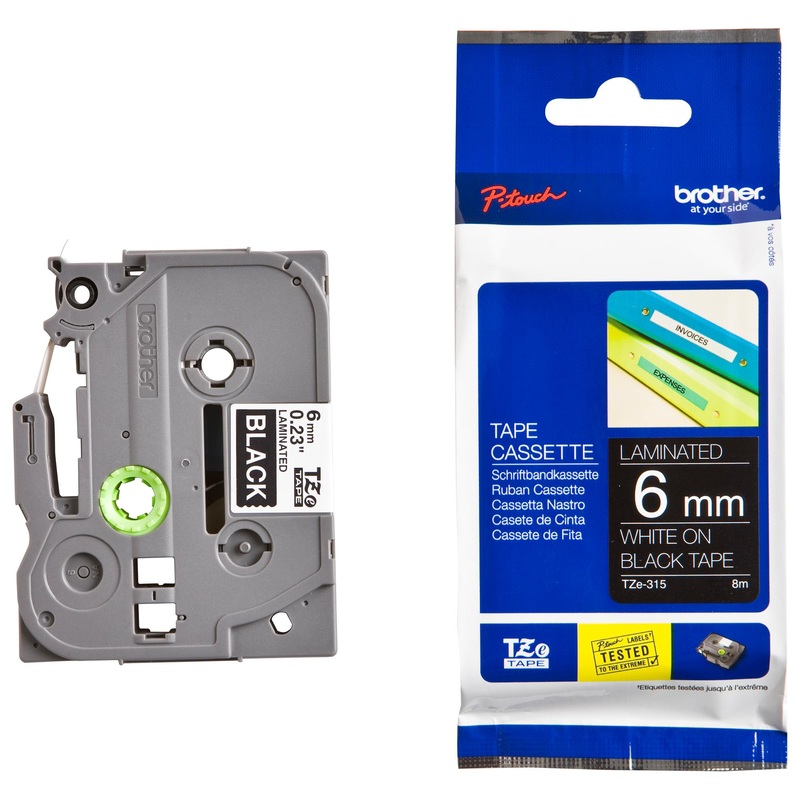 Brother TZE-315 Label Printer Tape Adhesive-Laminated White on Black 8 m x 6 mm
