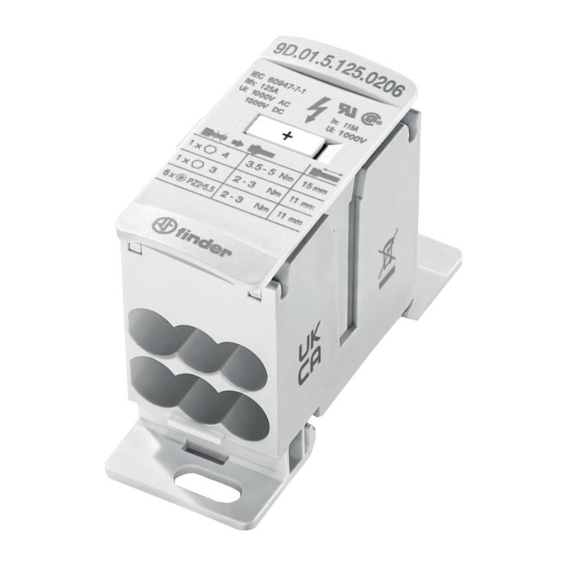 FINDER 9D.01.5.125.0206 Panel Mount Barrier Terminal Block, 125 A, 1.5 kV, 2, Screw, 2 AWG