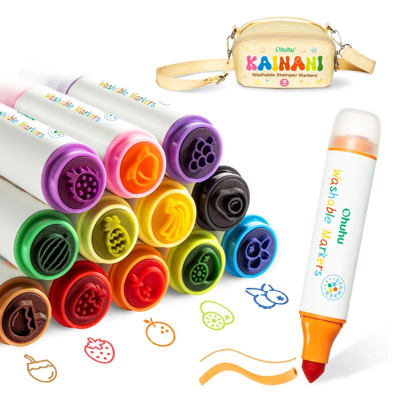 Ohuhu Kainani Series Water Based 12 Vibrant Colors Stamper + Cone Shaped Markers Dual Tipped Color Pens, Washable Ink for Coloring, Drawing Arts and Crafts | Y30-80601-36