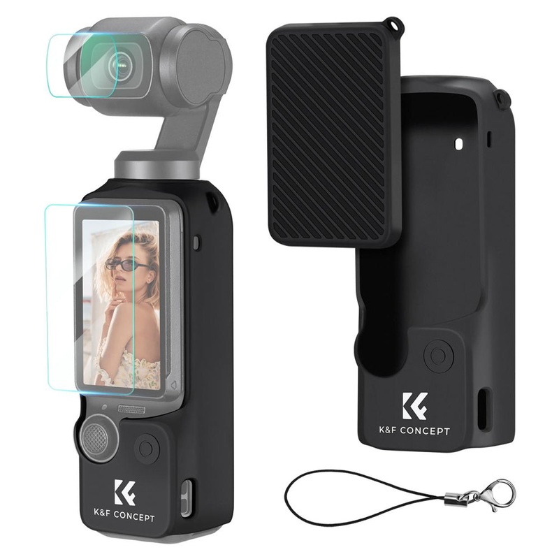 K&F Concept Silicone Protective Body Case Sleeve with Screen Cover & Lens Protector for DJI Osmo Pocket 3 Action Camera, Anti-Loss Wrist Strap Rope, Explosion-Proof Tempered Glass, Water, Dust and Scratch Resistant | KF31-110