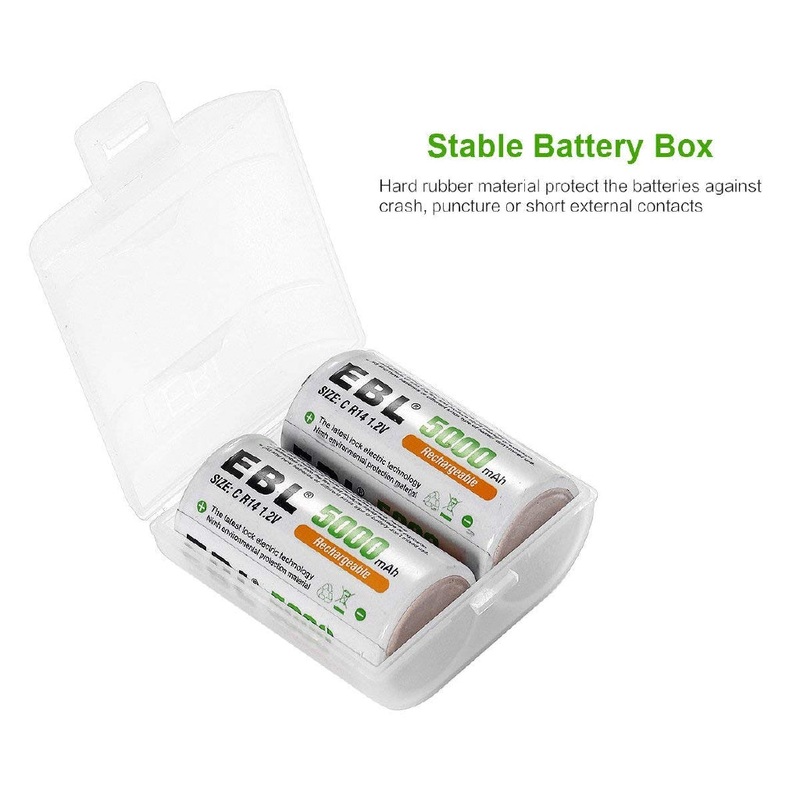 EBL LN-8151 1.2V C Cell 5000mAh Rechargeable NiMH Nickel Metal Hydride Battery (Pack of 2) with Included Storage Case for Portable and Emergency Electronics