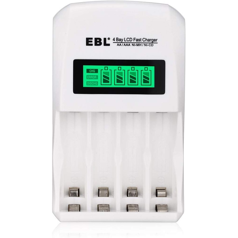 EBL LN-6907 4-Bay Smart Battery Charger with LCD Indicator Screen, Individually Controlled Quick Charging Slots, and Intelligent Overcurrent Protection (includes 4-Pack AA Ni-MH Rechargeable Batteries)