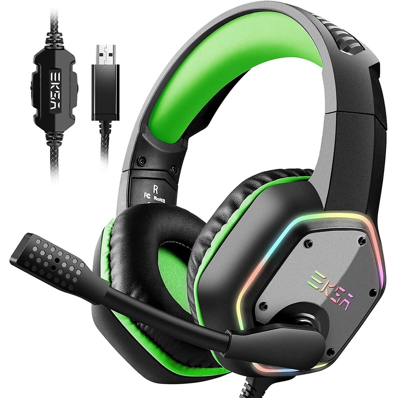EKSA E1000 7.1 Surround Sound Gaming Headset With Microphone For PS4/Xbox-One/PC Gamer Stereo USB Wired Headphone RGB LED Light (Green, Gray)