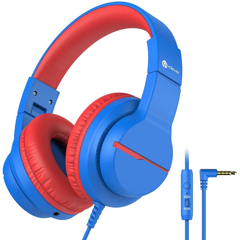 iClever HS19 Kids Headphones Blue with HD Microphone Stereo Sound Foldable Stretchable Headband 85dB / 94dB Volume Limiter