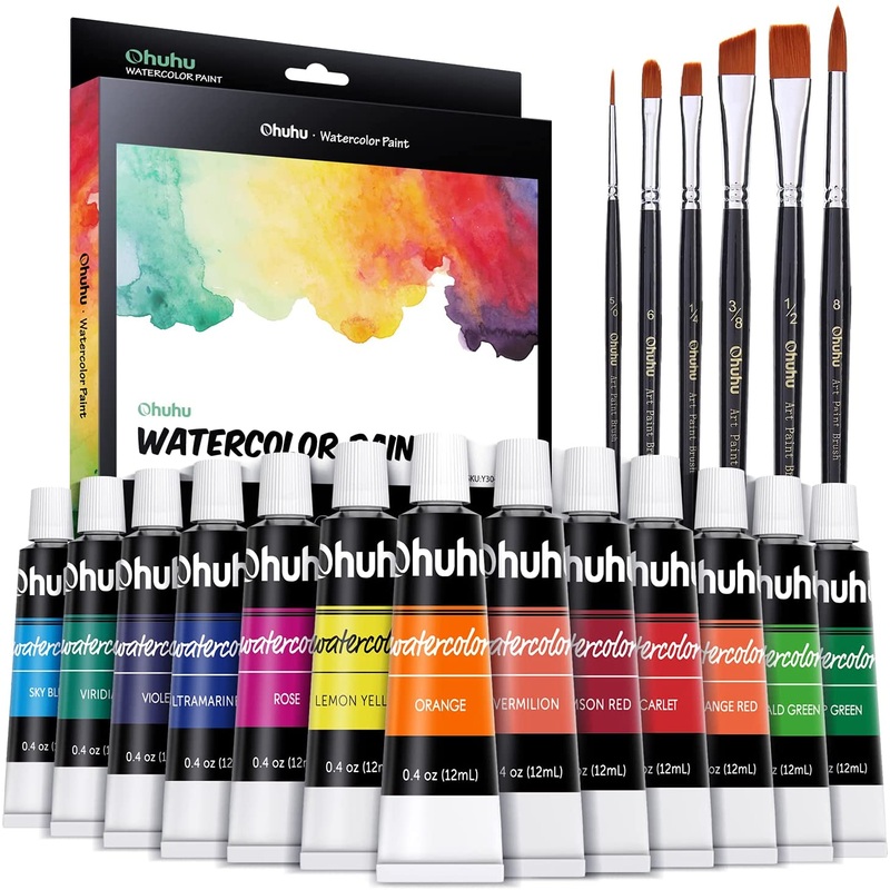 Ohuhu Art Paints 24-Pc 12ml Water Color Paint Set with 6 Nylon Hair Paint Brushes Y30-80700-08