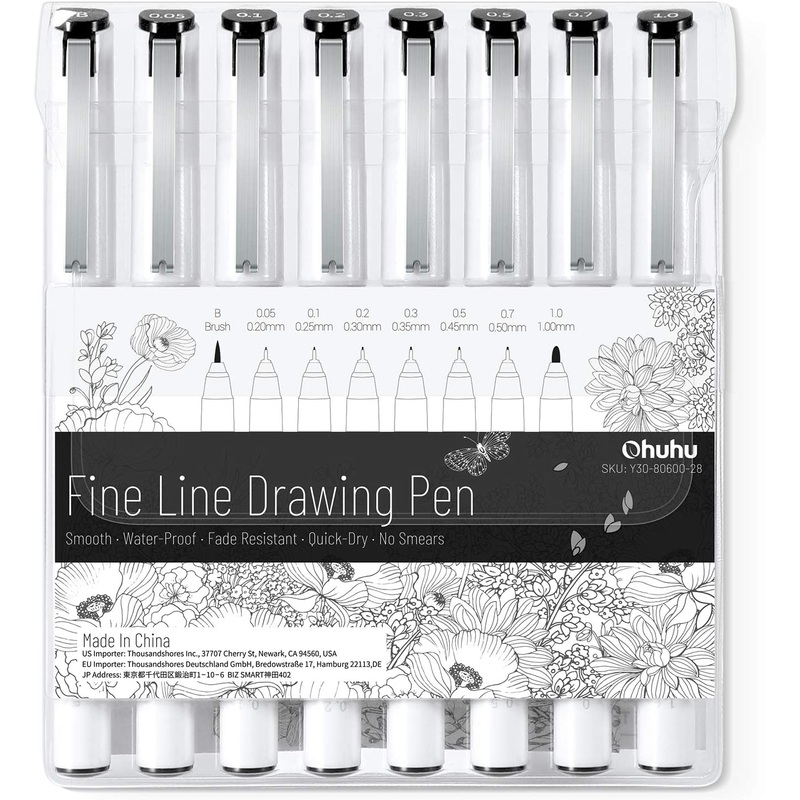 Ohuhu Fineliners Set of 8 Ultra Fine Line Drawing Markers, 8 Assorted Tip Sizes Black Ink