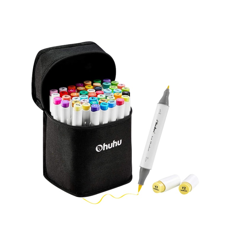 Ohuhu Honolulu Series Alcohol Based 24 Basic Colors plus Colorless Blender Dual Tipped Art Markers for Coloring and Sketching for Kids and Adults (Brush and Chisel) Y30-80400-80