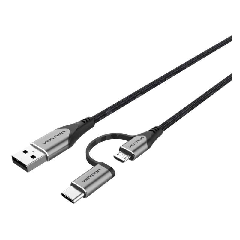 [CLEARANCE] Vention USB 2.0 A Male to 2-in-1 Micro-B & USB-C Male (CQE) 480Mbps Nylon Braided USB Cable for Smartphones and Chargers 0.5M Gray