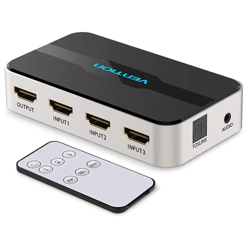 [CLEARANCE] Vention 3 in 1 out HDMI Switcher 4k 30Hz Aluminum Alloy Remote Controlled Splitter with TOSLINK and Audio Port (AFJH0)