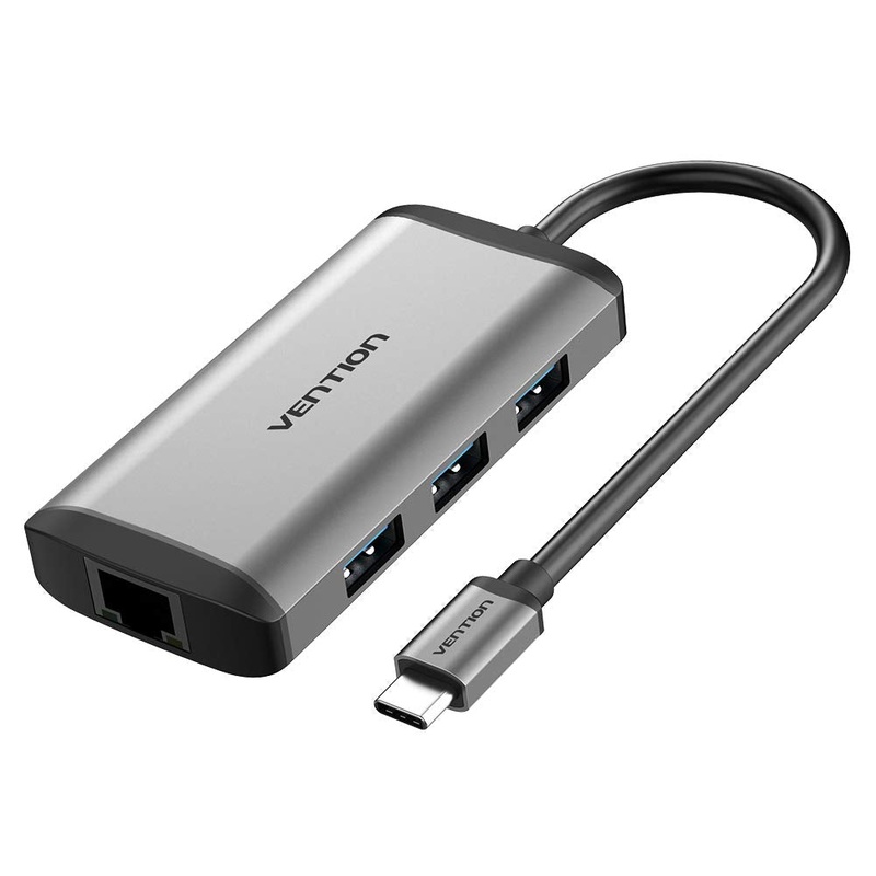 [CLEARANCE] Vention Multi-Use USB-C to HDMI/USB 3.0*3/RJ45/PD Docking Station Converter 4k 30Hz Nickel Plate (CNCH) 0.15M Gray Metal Type