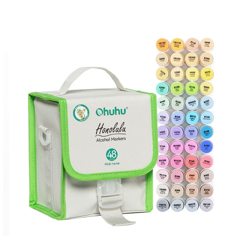 Ohuhu Honolulu Series Alcohol Based 48 Mid-Tone Colors plus Colorless Blender Dual Tipped Brush Markers for Coloring and Illustration for Kids and Adults (Brush and Chisel) Y30-80403-66