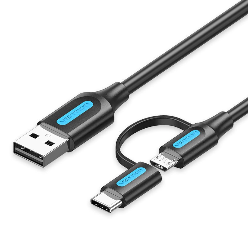[CLEARANCE] Vention 2-in-1 USB 2.0 to Micro USB and USB Type-C Charging and Data Cable with Interchangeable Plugs for PC, Mac, and Android Phones and Tablets (0.5 M) | CQDBD