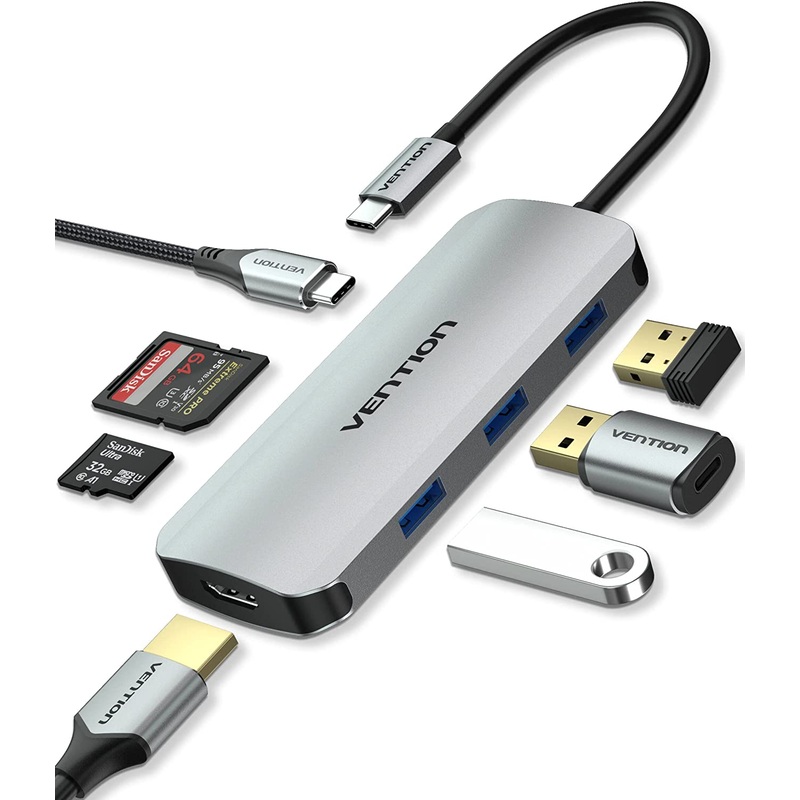 Vention 7 in 1 USB Type C Hub with 4K HDMI Output, 5Gbps USB 3.0 Ports, SD / microSD Card Reader, & Fast Charging USB-C Power Delivery Adapter Dock | TOJHB