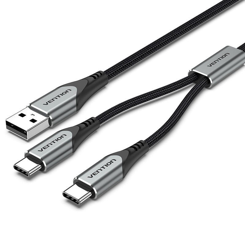 Vention USB 2.0 A Male to Dual USB Type-C Male Braided 1-Meter Nickel Plated Y-Splitter Data and Charging Cable for Smartphones, Tablets (CQOHF)
