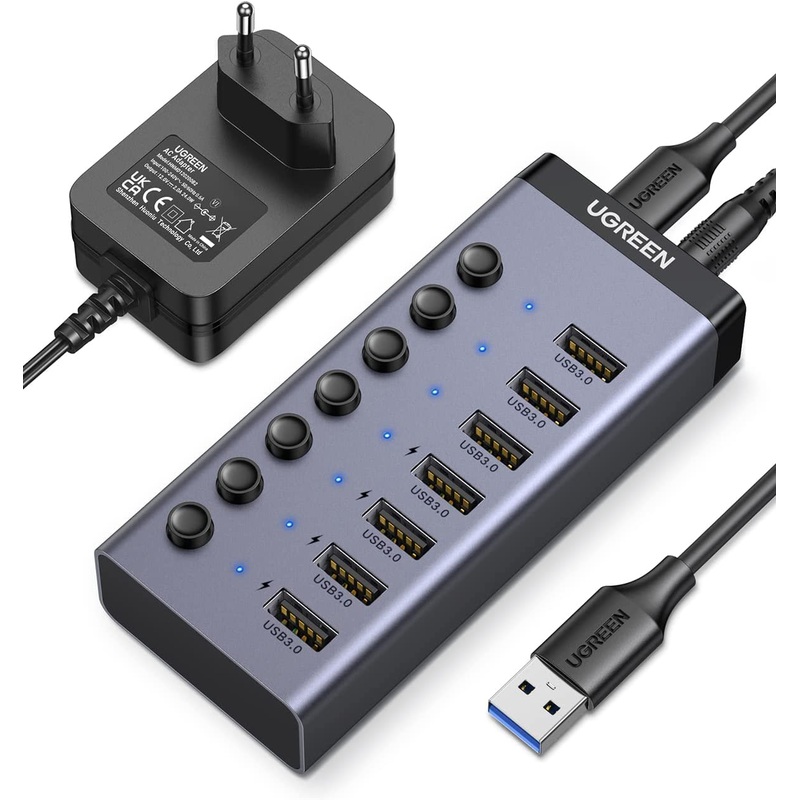 UGREEN 7 Port USB 3.0 Hub with 4 Fast Charge Slots Individual Toggle Switches and 5Gbps Data Transfer Speeds (12V Power Adapter Included) | 90305