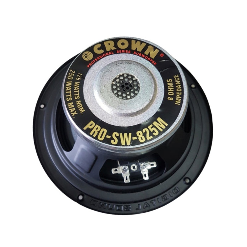 Crown 250W 8 Dual Terminal Subwoofer Speaker with 75Hz-3kHz Frequency Response, Max 8 Ohms Impedance, 96dB Sensitivity Level, 35.5mm Voice Coil (PRO-SW-825M)