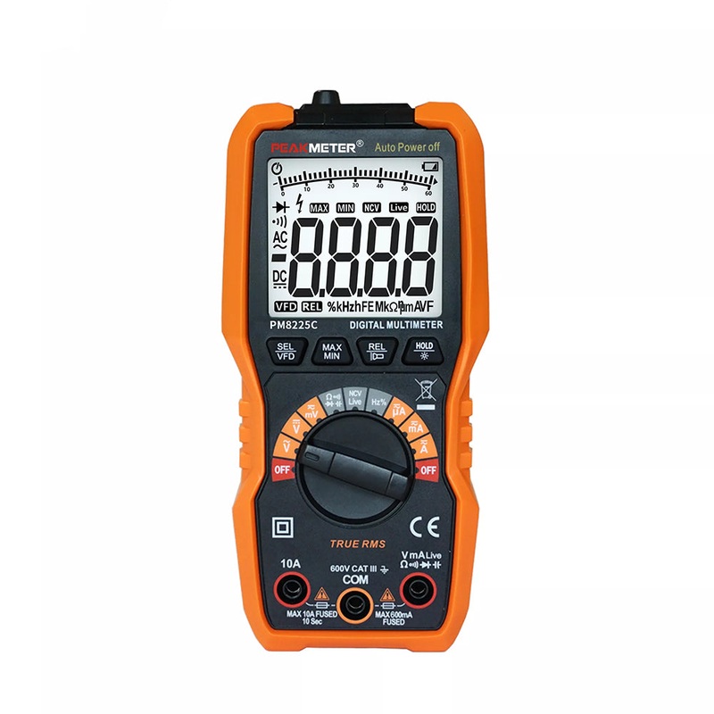 PeakMeter PM8225C Handheld Portable NCV and Live Line Digital Multimeter with HD Backlight, Large LCD Display, 6000 Counts, 600V AC/DC Current Measurement