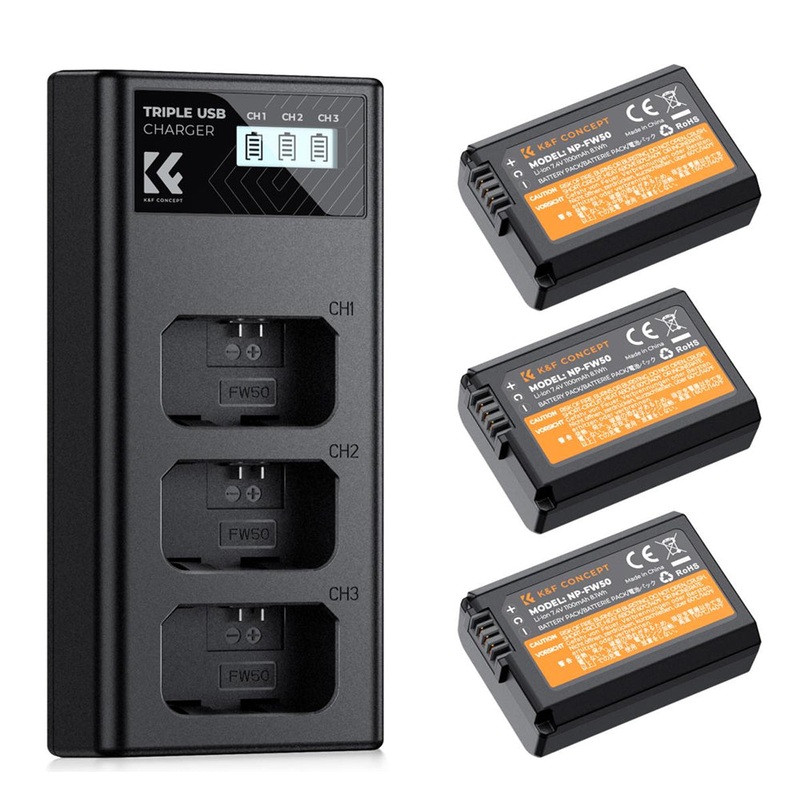K&F Concept NP-FW50 (3-Pack / 2-Pack) 1100mAh Rechargeable Camera Battery Replacement and Triple / Dual Slot Charger Kit with USB Type-C / Micro B Input Fast Charging Ports for Selected Sony Cameras