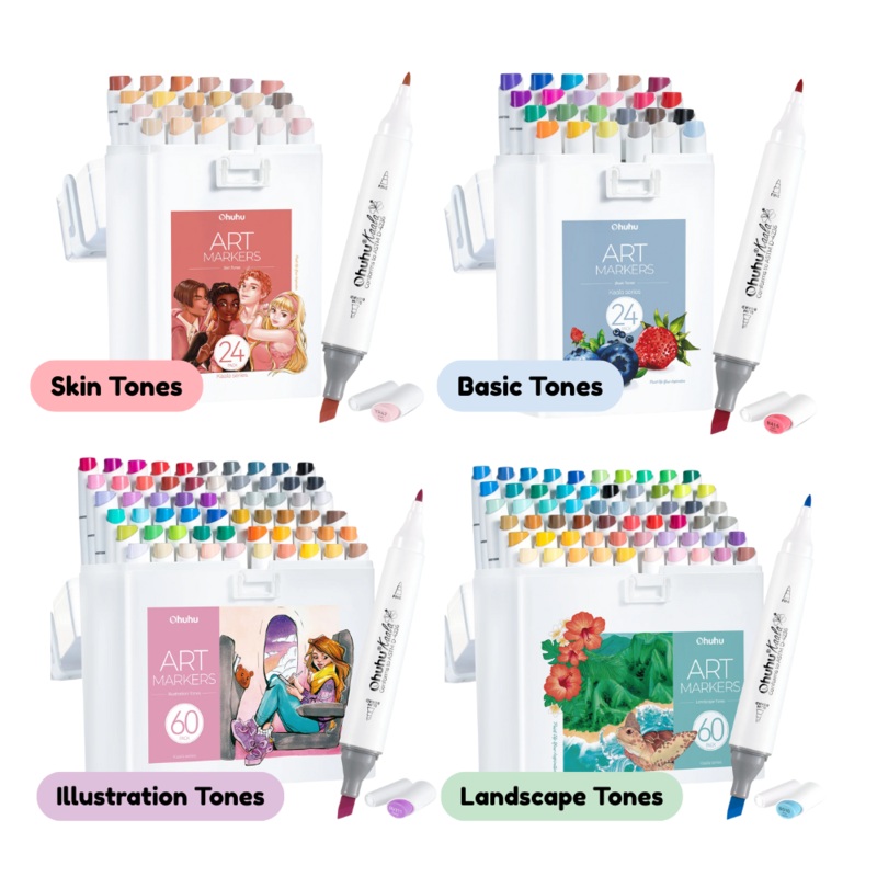 Ohuhu Kaala Series Alcohol Based 24 / 60 + 1 Skin / Basic / Landscape / Illustration Tone Colors with Colorless Blender Dual Tip Fine and Chisel Art Marker Colored Pens for Stationary, Drawing, Arts & Crafts