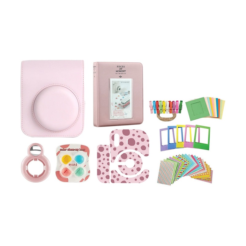 Pikxi MB12-802 PU Leather Camera Bag Case Set for Fujifilm Instax Mini 12 with 64 Pockets Photo Album, Selfie Mirror, 4 Color Lens Filter, 10 Paper Photo Frame, 5 Colorful Photo Frame, 20 Frame Stickers, Camera Sticker (Clay White)