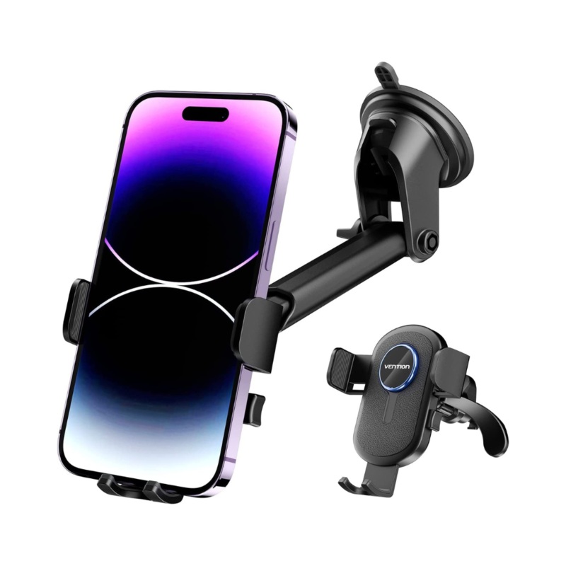 VENTION Multi-Function Mobile Phone Mount Holder for Car Vent, Windshield, and Dashboard, Compatible with 4.7-7.4 Devices and Cases, Non-Interfering Design and Strong Suction Power KCVB0