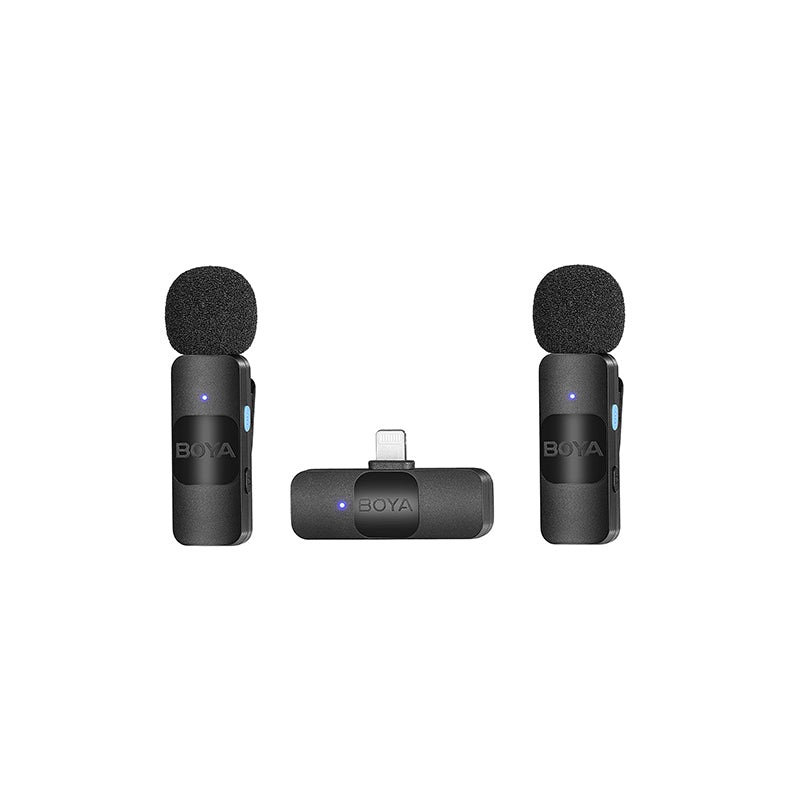 [CLEARANCE] Boya BY-V2 Ultracompact 2.4GHz Dual Wireless Lavalier Microphone System Lightning Connector for iOS Devices with 360 Degree Omnidirectional Sound, Noise Cancellation, Auto Pairing, 100m Wireless Range