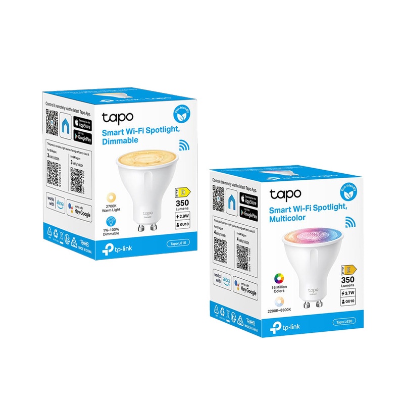 TP-Link Tapo L610 / L630 Smart Wi-Fi Spotlight, Dimmable / Multicolor 2.4GHz with 16M RGB Colors, 350lm Brightness, GU10 Lamp Base, Voice Control, Remote Control, Schedule & Timer, Energy Saving, No Hub Required