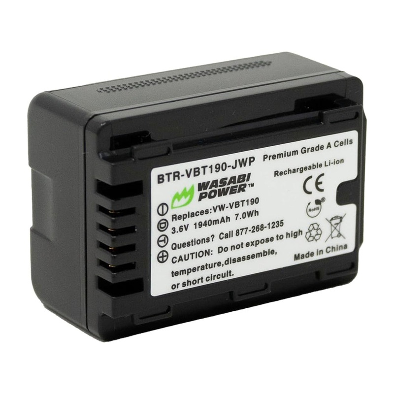 Wasabi Power VW-VBT190 VWVBT190 (2 Pack) 3.6V 1940mAh Camcorder Battery and Charger Kit with Power Indicator, Built-In Fold Out US Plug, Car Charger & Euro Plug Adapter for Panasonic VW-VBK180 and HC-V110 HC-V510 V770K W580K HC-WXF991 Video Camera