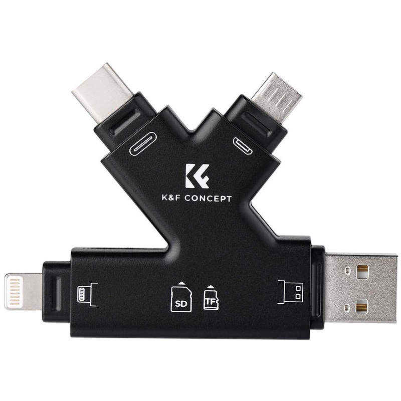 K&F Concept Multi-Interface SD & TF Memory Card Reader with 4-in-1 USB-A, Type C, Micro USB, and Apple Lightning Input for Smartphones, Laptop, PC, Smart TV, Tablet, iPhone, iPad, IOS,  Android, macOS, Windows 8 / 10, Linux | KF42-0006