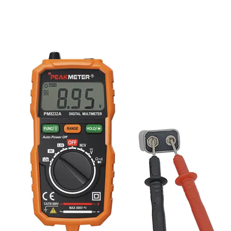 Peakmeter PM8232A  Auto Range Pocket Digital Multimeter Voltmeter with Dual Test Leads for AC / DC Voltage Tester, Resistance, 1.5V / 9V / 12V Battery with NCV Voltage Detection & Flashlight