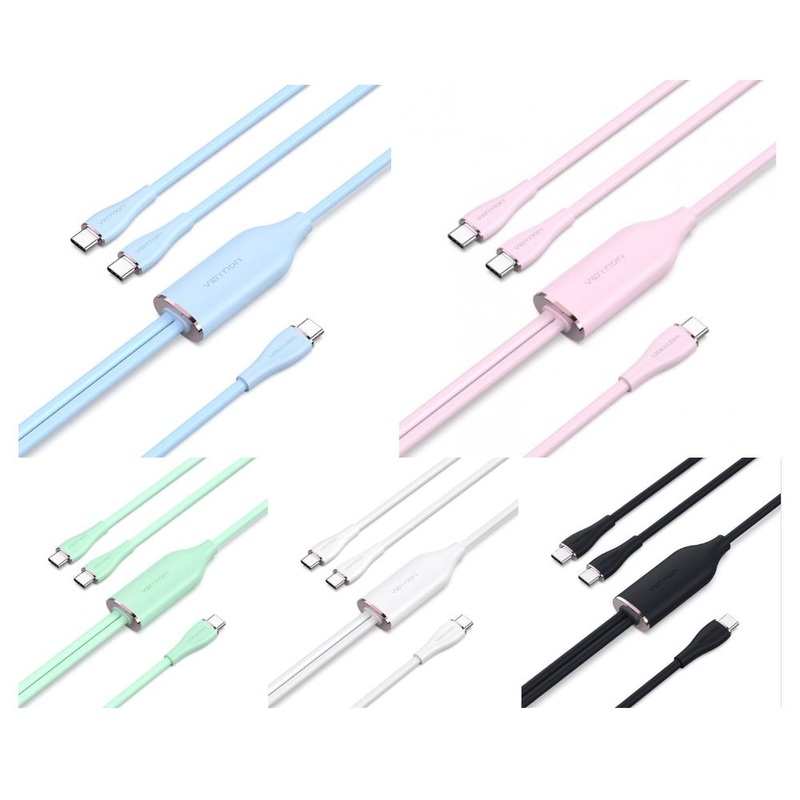 [CLEARANCE] Vention 1.5 meters 100W USB 2.0 Type C Male to Dual Male PD Fast Charging Data Cable with High-Speed 480mbps Transfer Rate for Smartphone, Tablet, Laptop, Gaming Console