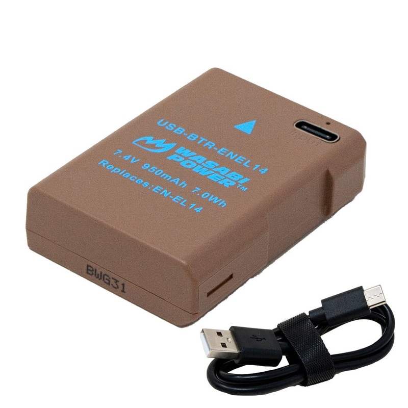 [CLEARANCE] Wasabi Power EN-EL14 Type 7.4V 950mAh Lithium-Ion Fully Decoded Battery with USB Type-C Direct Charging Port for Select Nikon Coolpix Digital Camera | USB-BTR-ENEL14
